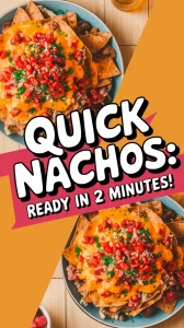 Plate of quick cheese nachos topped with fresh ingredients, ready in 2 minutes.