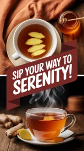 A cup of easy 2-minute ginger tea with ginger slices on top, perfect for a calming drink.