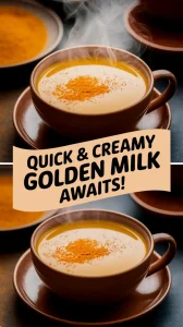 A steaming cup of creamy golden milk topped with spices, perfect for a quick recipe.
