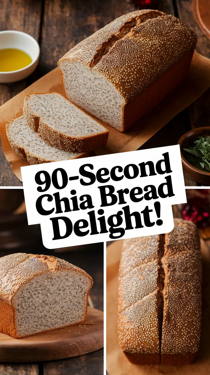 Sliced 90-second chia bread displayed on a wooden table with ingredients.