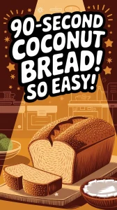 Delicious 90-second coconut bread with slices on a wooden board
