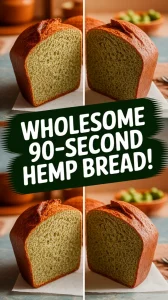 A close-up view of freshly baked 90-second hemp bread, showcasing its unique texture and greenish interior.