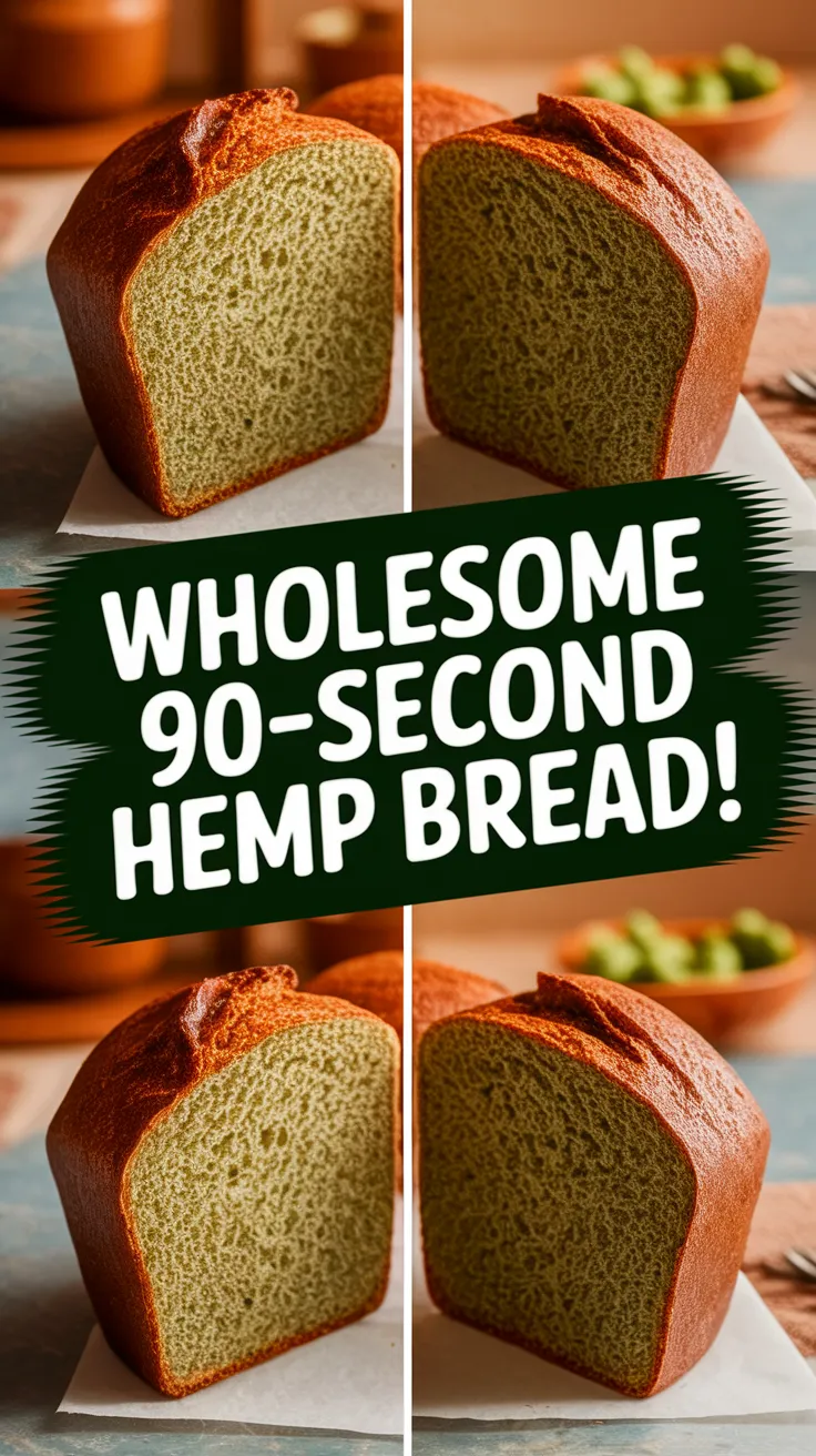 A close-up view of freshly baked 90-second hemp bread, showcasing its unique texture and greenish interior.