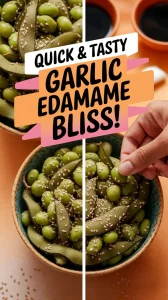 Delicious garlic edamame with sesame seeds, perfect for a quick snack.