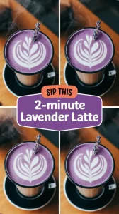Delicious 2-minute lavender latte with beautiful latte art and lavender sprig.