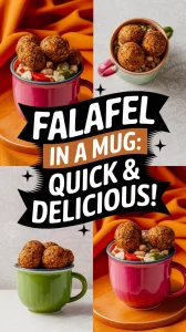 A colorful mug filled with falafel balls and vegetables, representing an easy mug falafel bowl recipe.