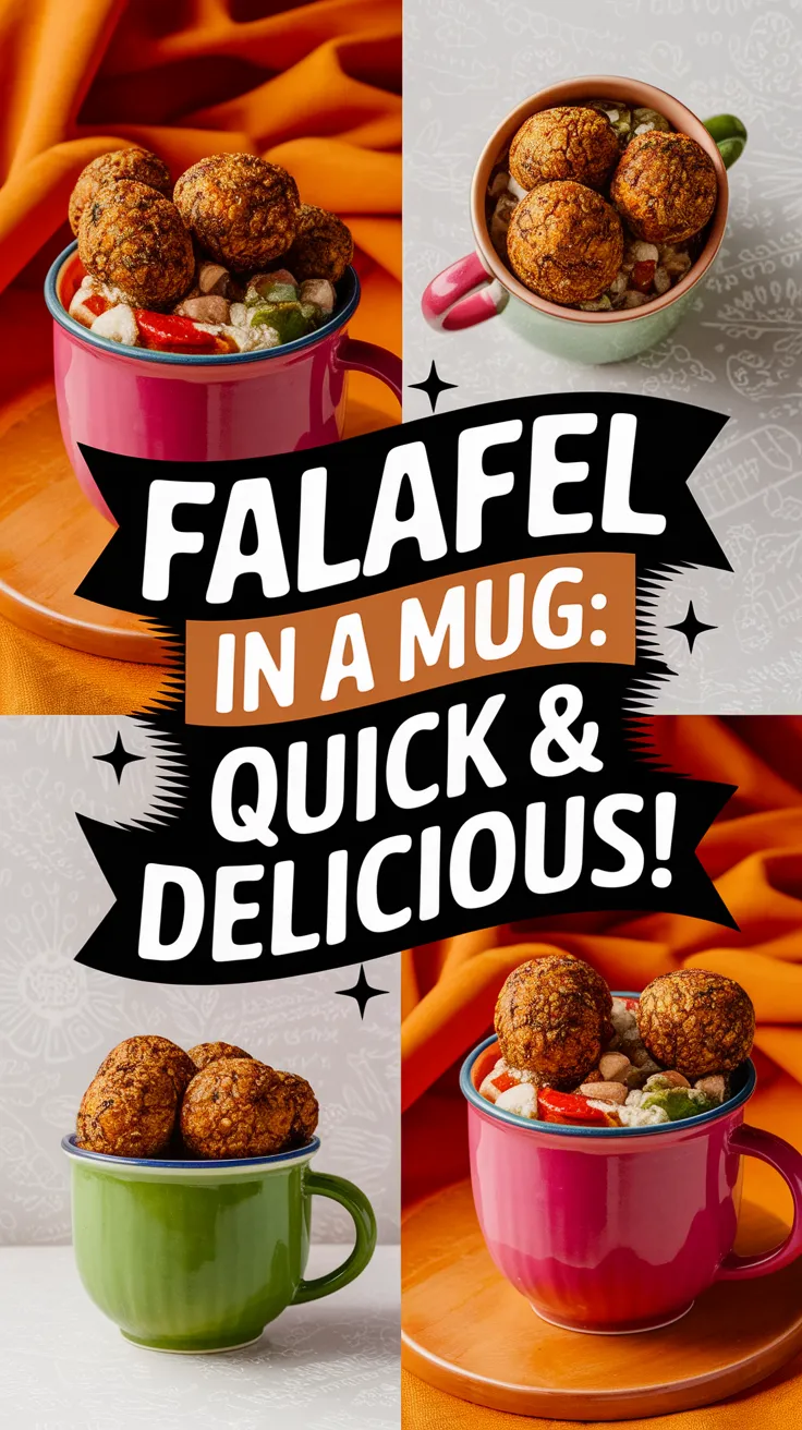 A colorful mug filled with falafel balls and vegetables, representing an easy mug falafel bowl recipe.