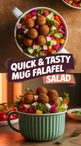 Mug falafel salad filled with fresh vegetables and falafel balls