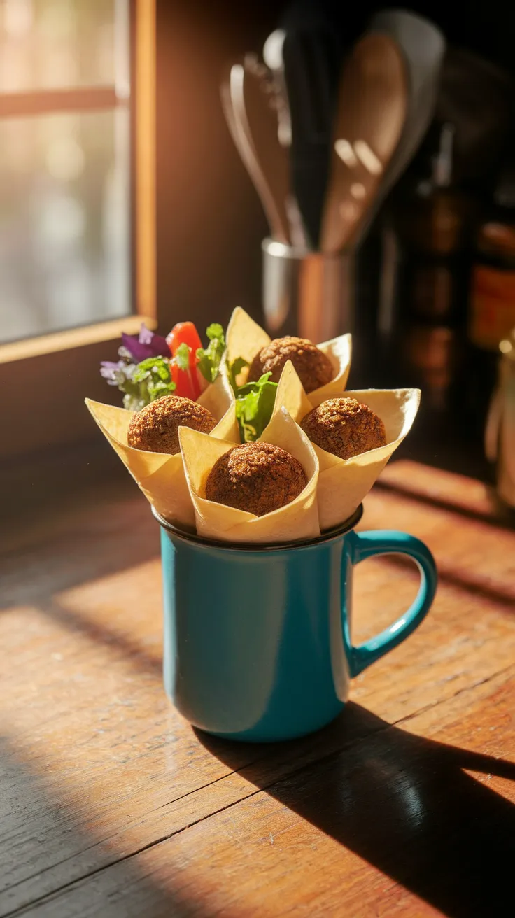 Delicious falafel tacos served in a mug, perfect for easy cooking.