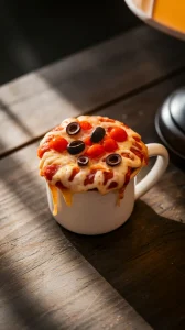 Delicious easy mug pizza cooked in a microwave with pepperoni and olives