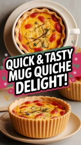 Delicious mug quiche cooked in a microwave, featuring tomatoes and herbs.