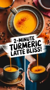 A vibrant turmeric latte being poured, showcasing its rich color and spices