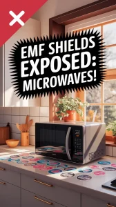 Image showing a microwave with EMF shielding stickers on the countertop, highlighting their use against microwaves.