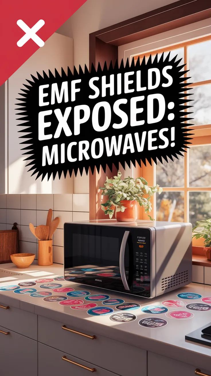 Image showing a microwave with EMF shielding stickers on the countertop, highlighting their use against microwaves.