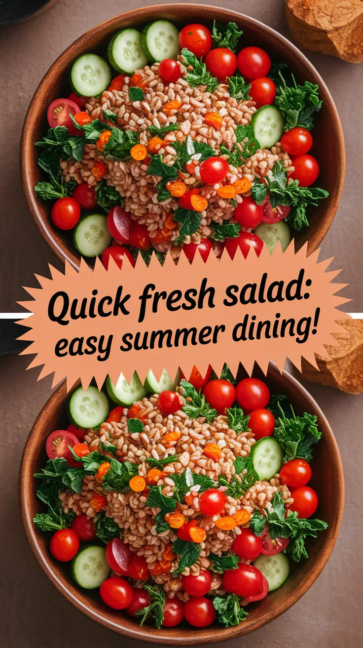 A delicious Farro salad with summer herbs, cherry tomatoes, cucumbers, and greens, perfect for a quick meal.