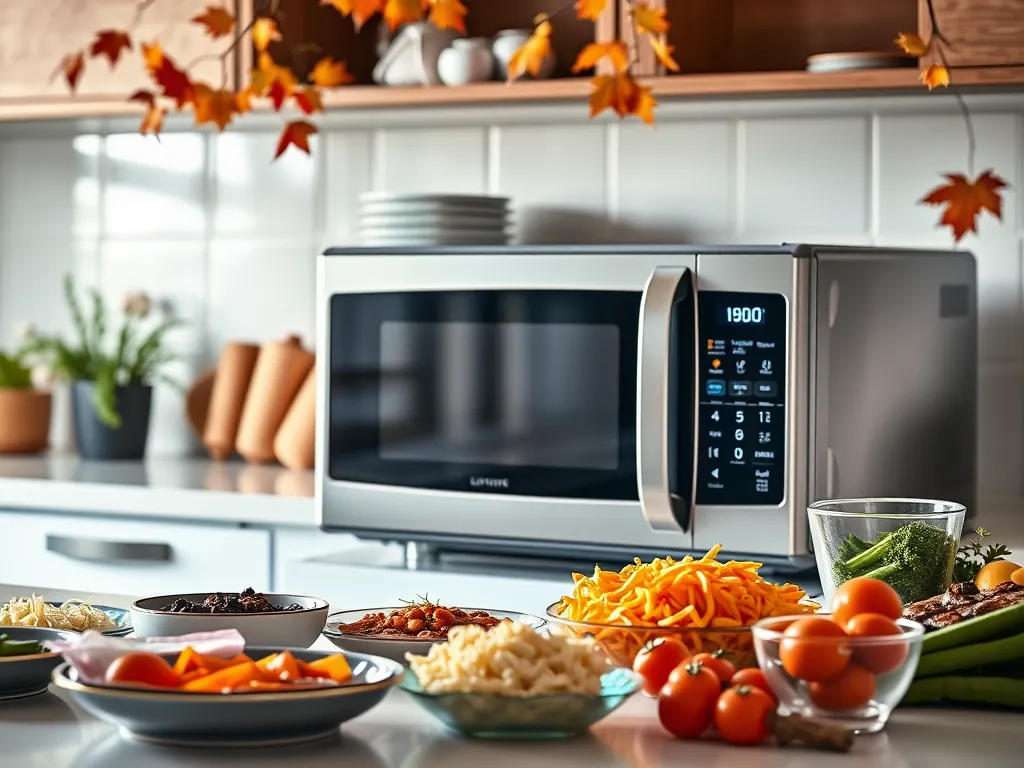 A modern microwave with various ingredients and meals ready to be heated, highlighting a forgotten feature to resolve cooking annoyances.