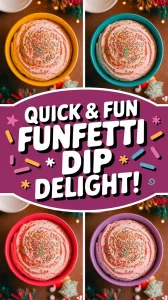 Colorful bowls of Funfetti Dip topped with sprinkles, representing an easy microwave blend.