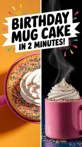 A delicious 2-minute microwave Funfetti mug cake topped with whipped cream and colorful sprinkles.