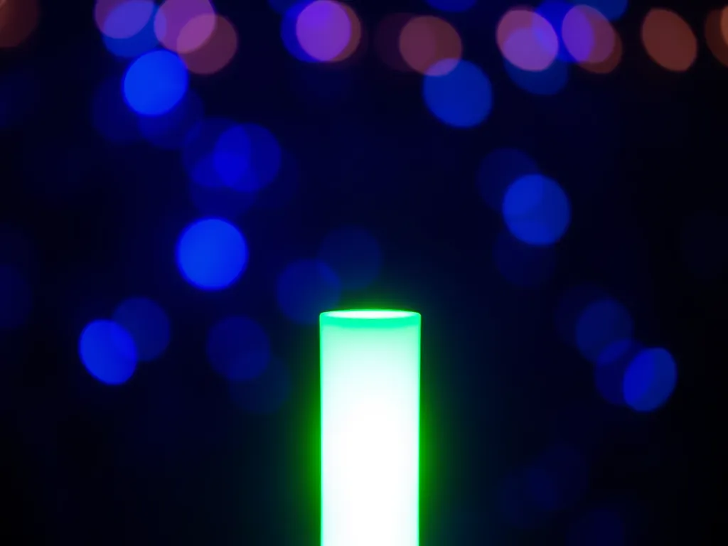 Bright green glow stick with a blurred blue background, related to glow sticks in the microwave.