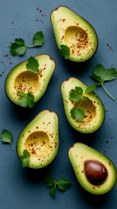 Deliciously microwave charred avocado halves garnished with spices and herbs
