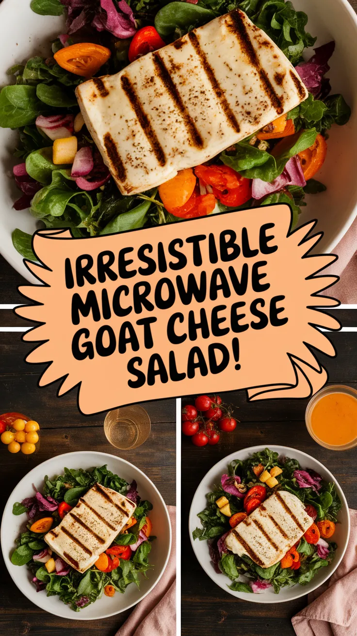 Grilled goat cheese atop a fresh salad with mixed greens, tomatoes, and vibrant colors, showcasing a delicious microwave softened cheese dish.