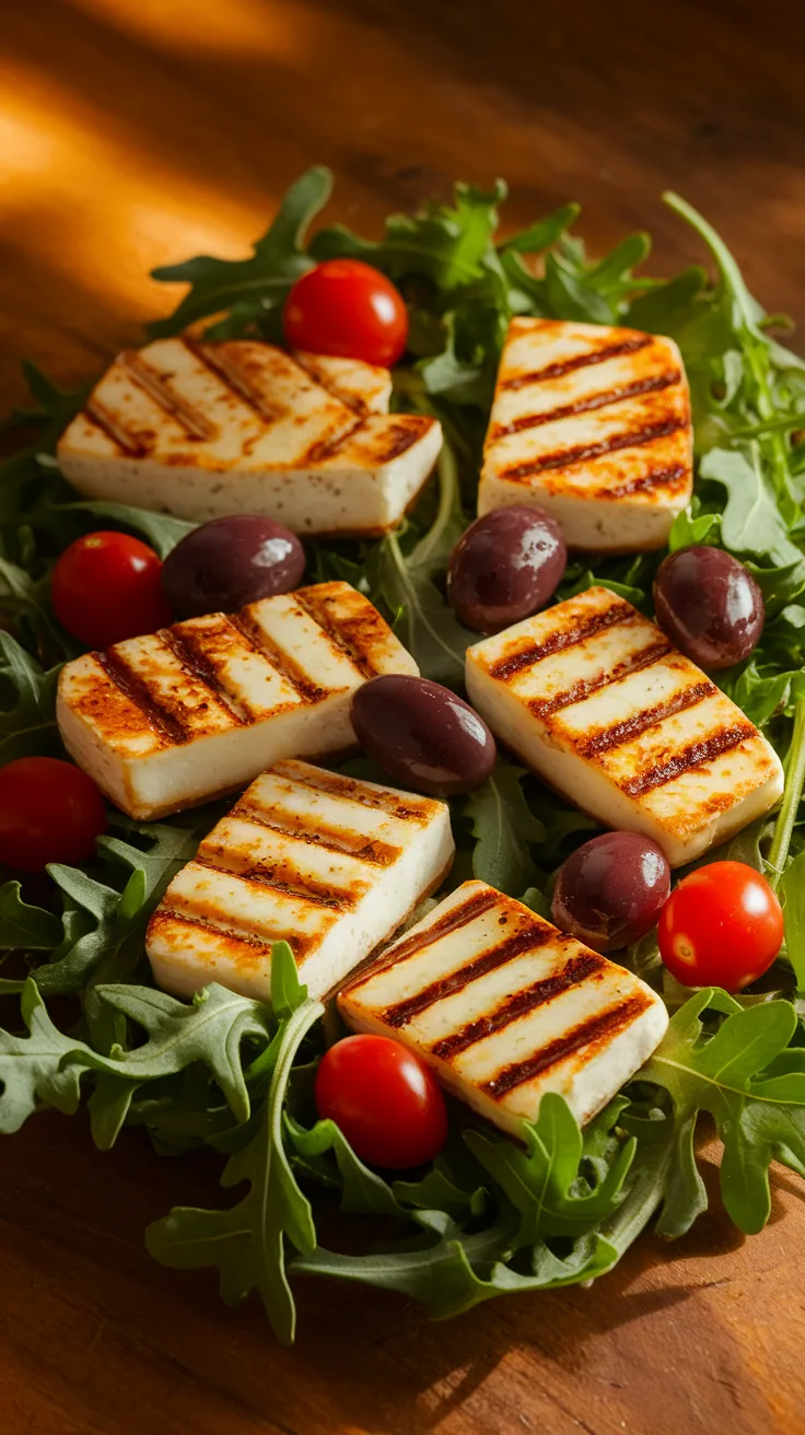 Grilled halloumi cheese slices on a bed of arugula with cherry tomatoes and olives