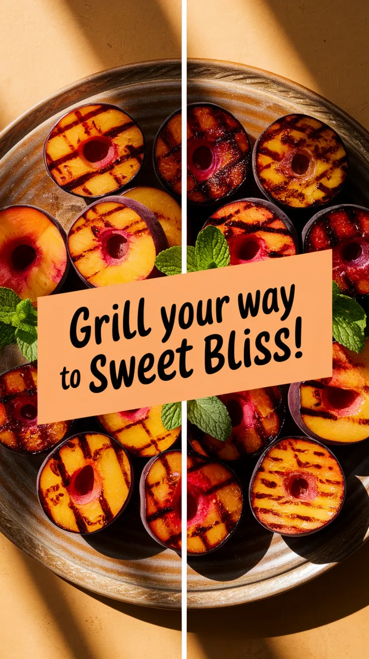 Deliciously grilled stone fruits arranged elegantly on a platter, showcasing their vibrant colors and perfect grill marks.