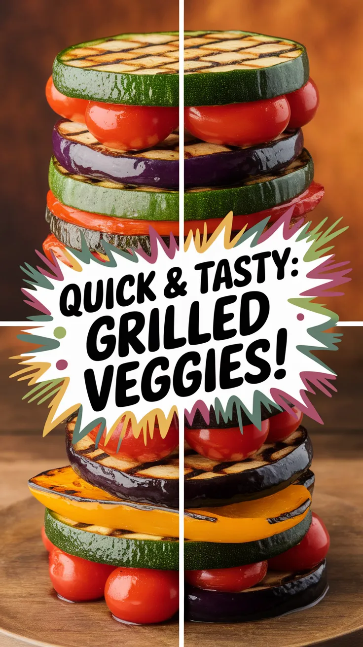 Colorful grilled veggie stack featuring zucchini, eggplant, and tomatoes, perfect for a microwave finish.