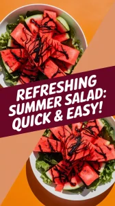 Delicious grilled watermelon salad drizzled with microwave balsamic glaze.
