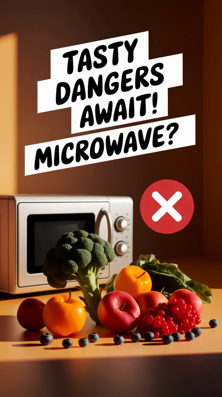 Colorful healthy foods like fruits and vegetables next to a microwave, highlighting dangers of microwaving.