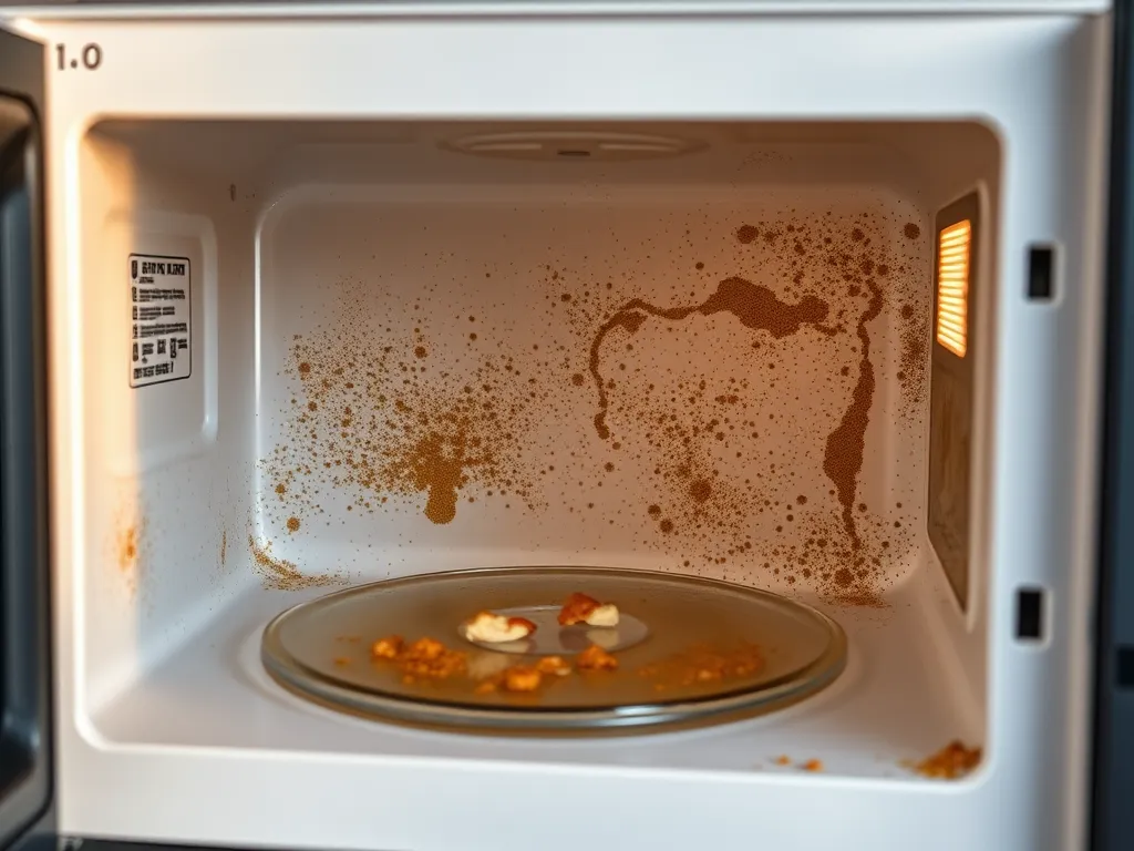 Interior of a microwave showing stains and potential mold build-up in the hidden compartment.