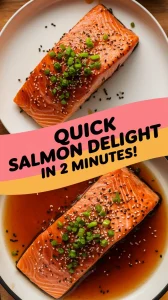 Delicious Honey Garlic Salmon prepared in a microwave poach style, topped with green onions and sesame seeds.