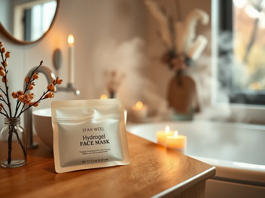 Hydrogel face mask placed near a bathtub for a spa-like experience