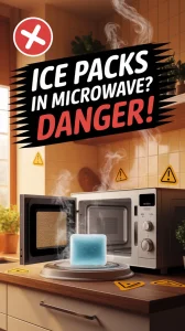 Ice pack melting in microwave with warning icons illustrating reheating dangers