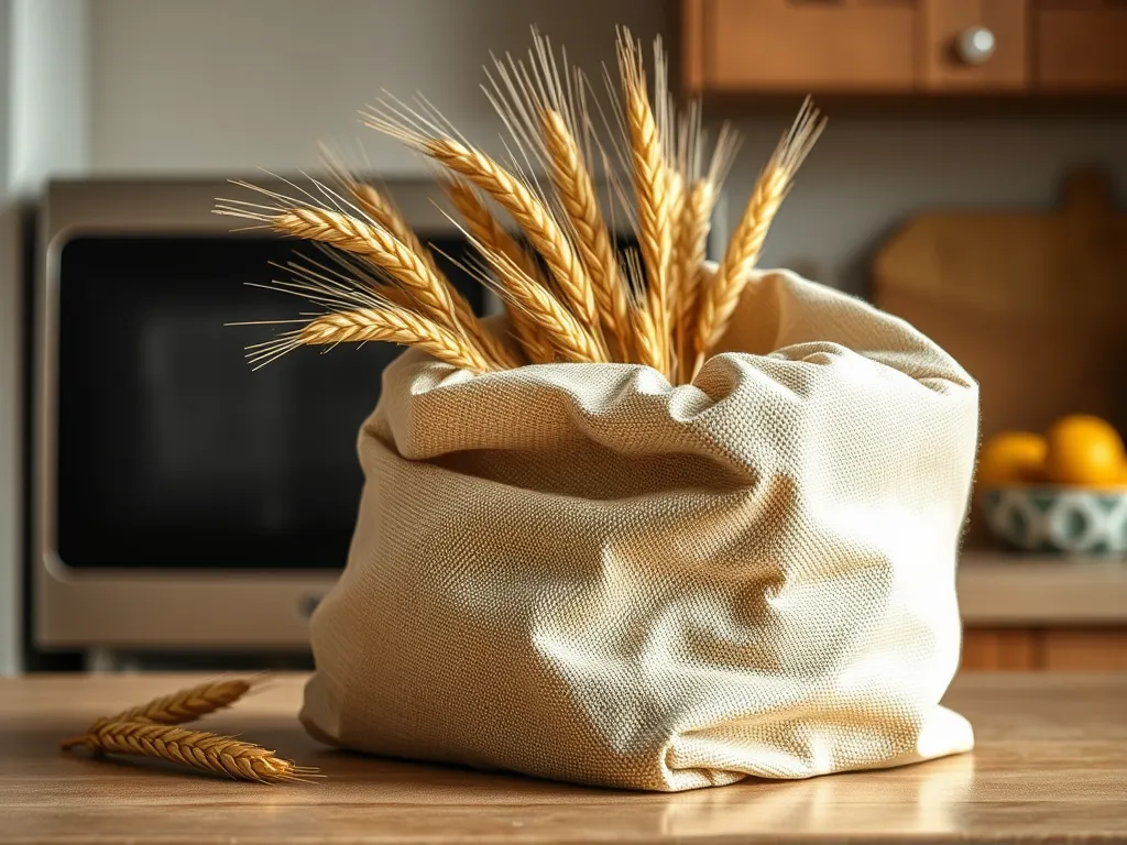 A fabric bag filled with wheat, highlighting the dangers of reheating ice packs in the microwave.