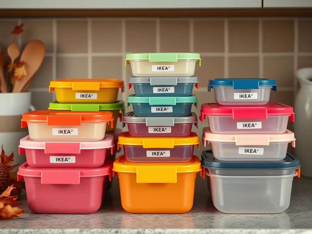 Colorful IKEA Tupperware containers arranged on a kitchen counter