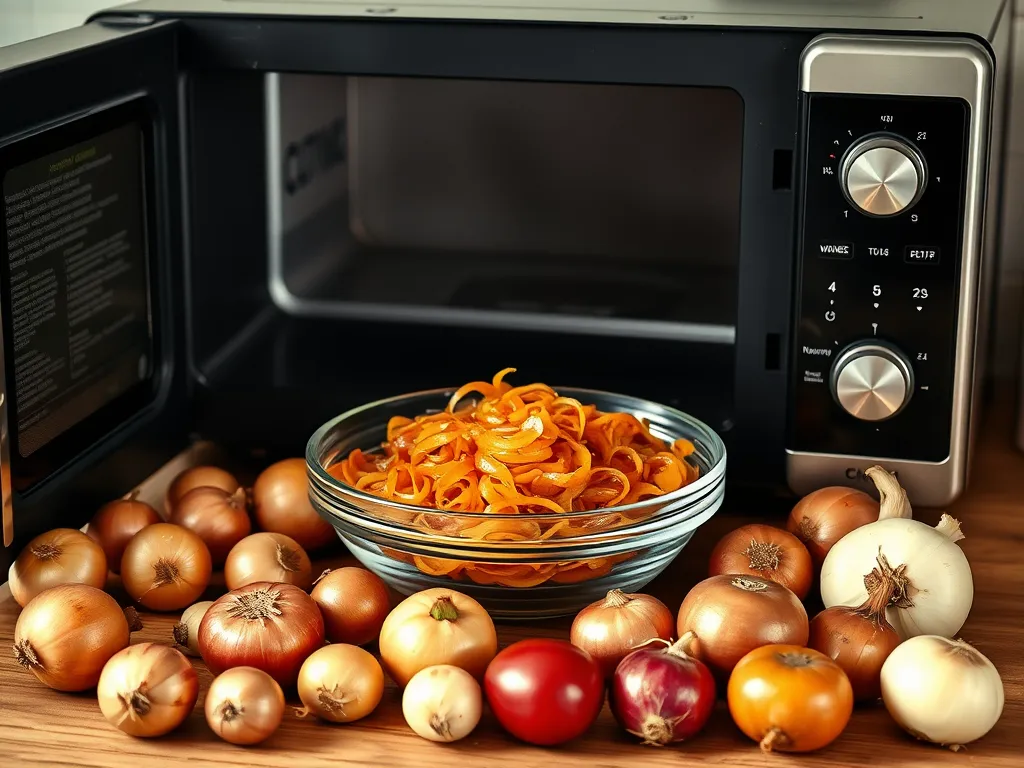 Bowl of caramelized onions prepared in a microwave alongside fresh onions for meal prep.