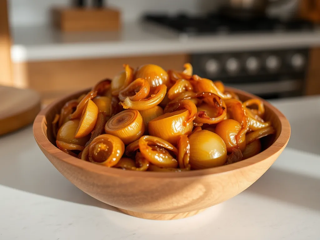 Bowl of caramelized onions prepared using a microwave hack for meal prep.