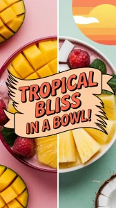 Delicious Island Vibes Smoothie Bowl topped with fresh tropical fruits like mango, raspberry, and pineapple.