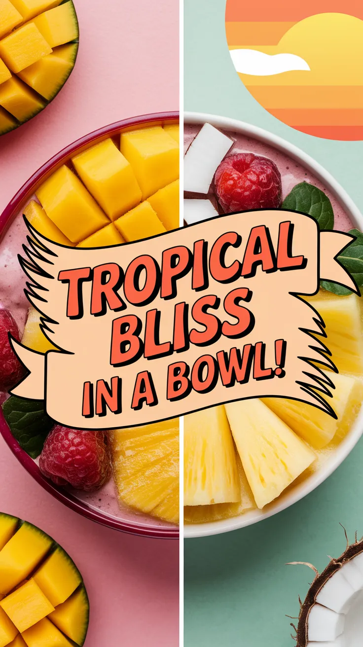 Delicious Island Vibes Smoothie Bowl topped with fresh tropical fruits like mango, raspberry, and pineapple.