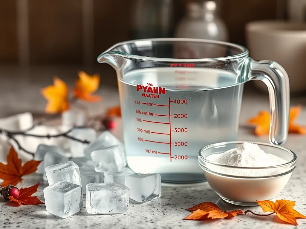 Ingredients for making jello in the microwave, including water, gelatin powder, and ice cubes.
