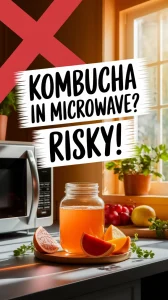 Image highlighting the risks of microwaving kombucha to reactivate probiotics.