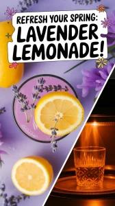 A refreshing glass of lavender lemonade with lemon slices and lavender sprigs, perfect for spring.