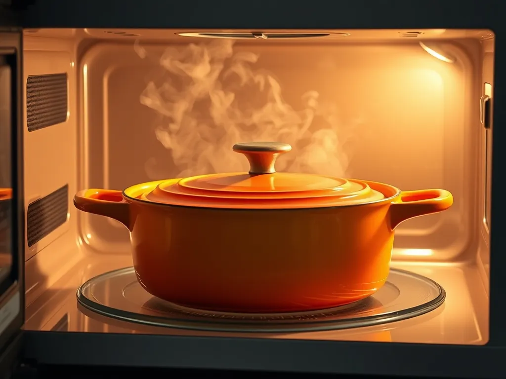 A Le Creuset pot inside a microwave with steam, discussing if Le Creuset can go in the microwave.