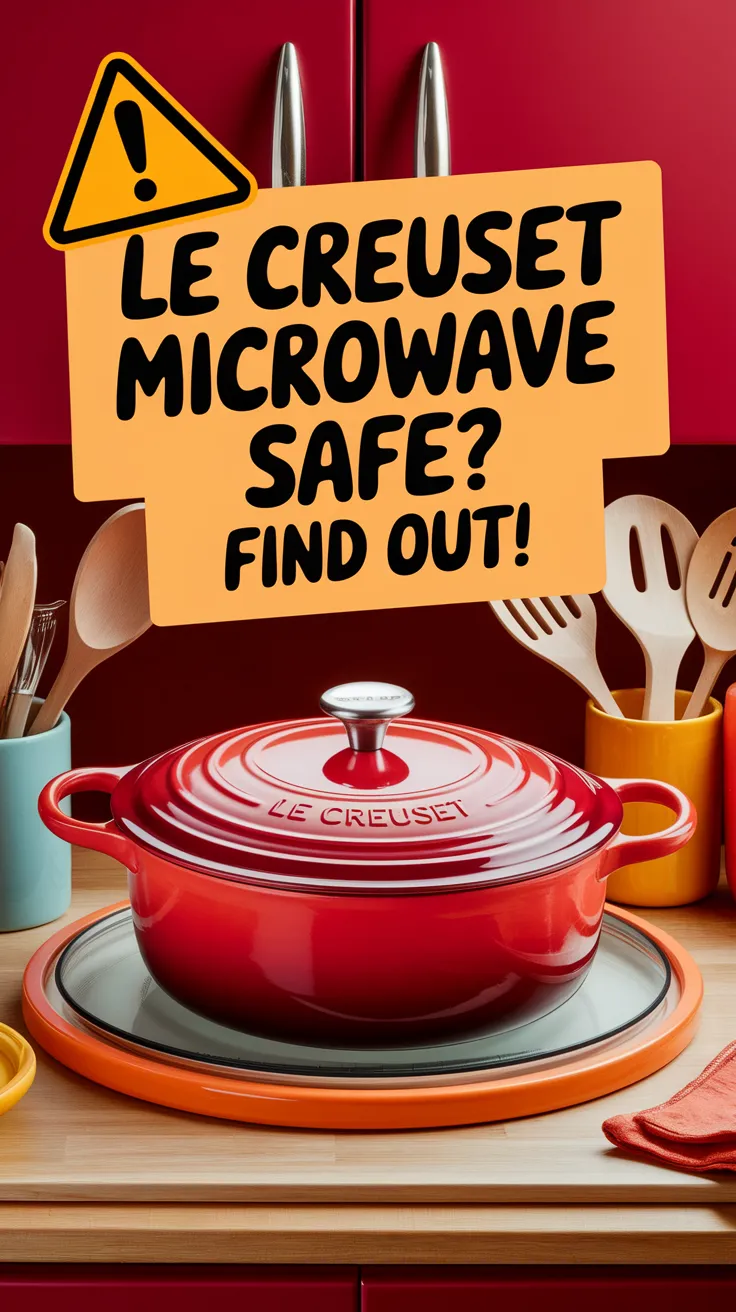 Red Le Creuset pot on a kitchen countertop with a warning sign about microwave safety.