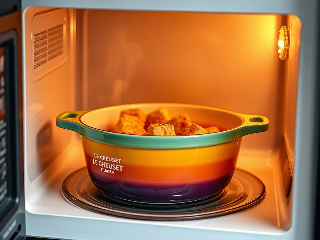 Le Creuset dish with food inside a microwave showcasing its microwave-safe capabilities.