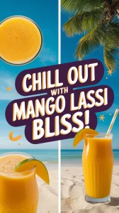 Refreshing Mango Lassi drink with beach backdrop, representing a perfect summer treat.