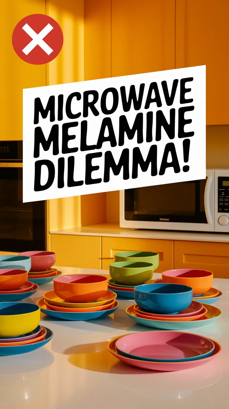 Colorful melamine dishes stacked with a microwave, highlighting concerns about microwave safety.