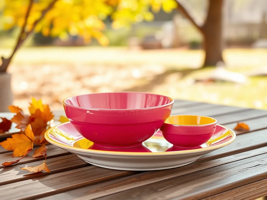 Colorful melamine dishes set outdoors showcasing their design and style, related to microwave safety.