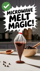 Melted chocolate chips in a piping bag ready for use, showcasing the easy method of melting without a double boiler.